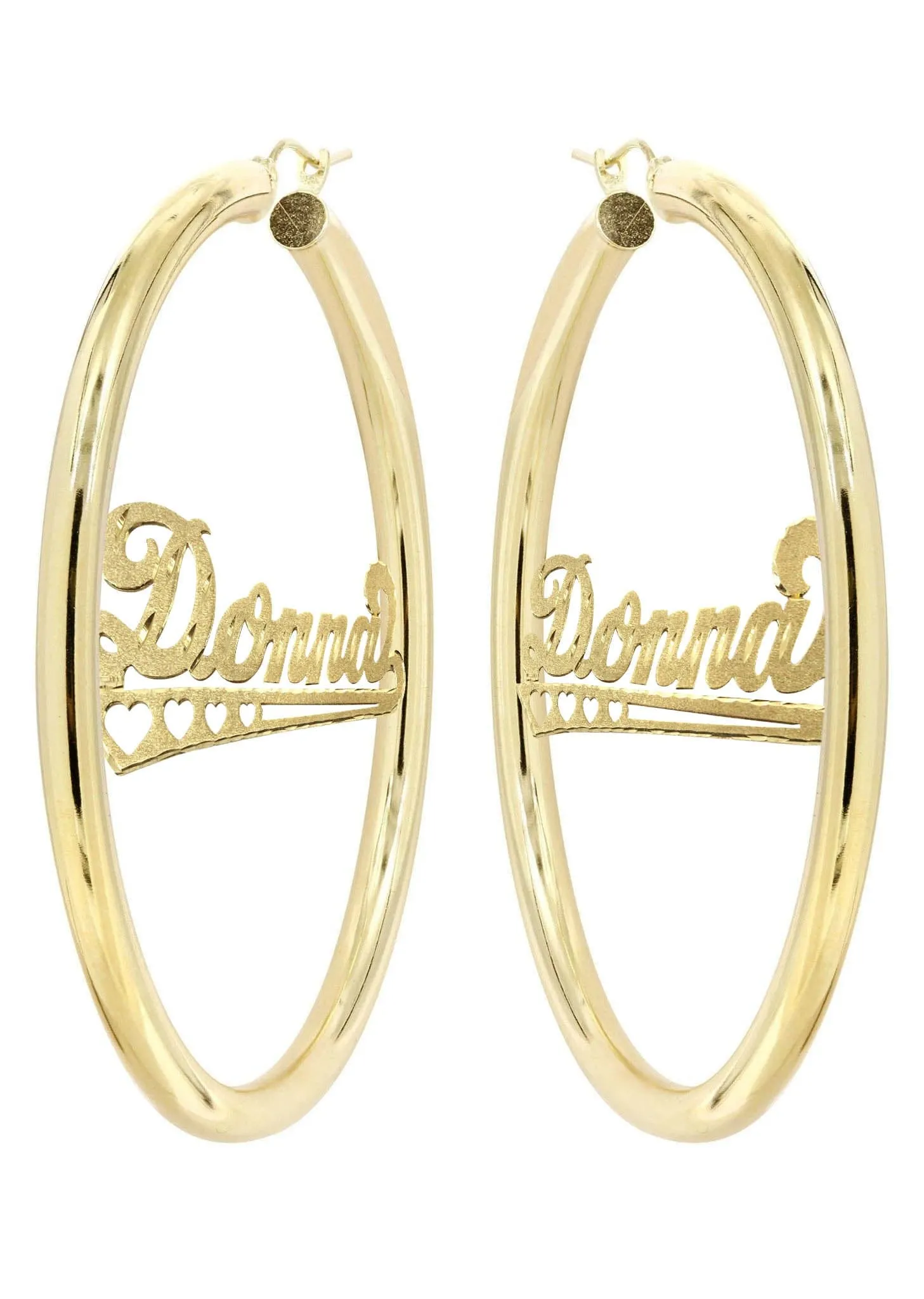 14K Ladies Diamond Cut Heart Name Plate Hoop Earrings