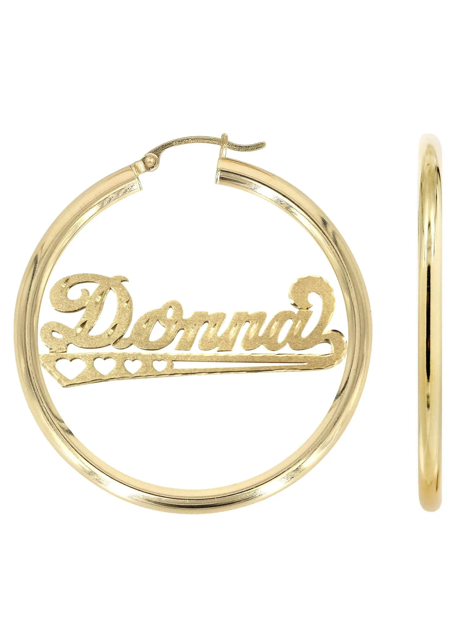 14K Ladies Diamond Cut Heart Name Plate Hoop Earrings