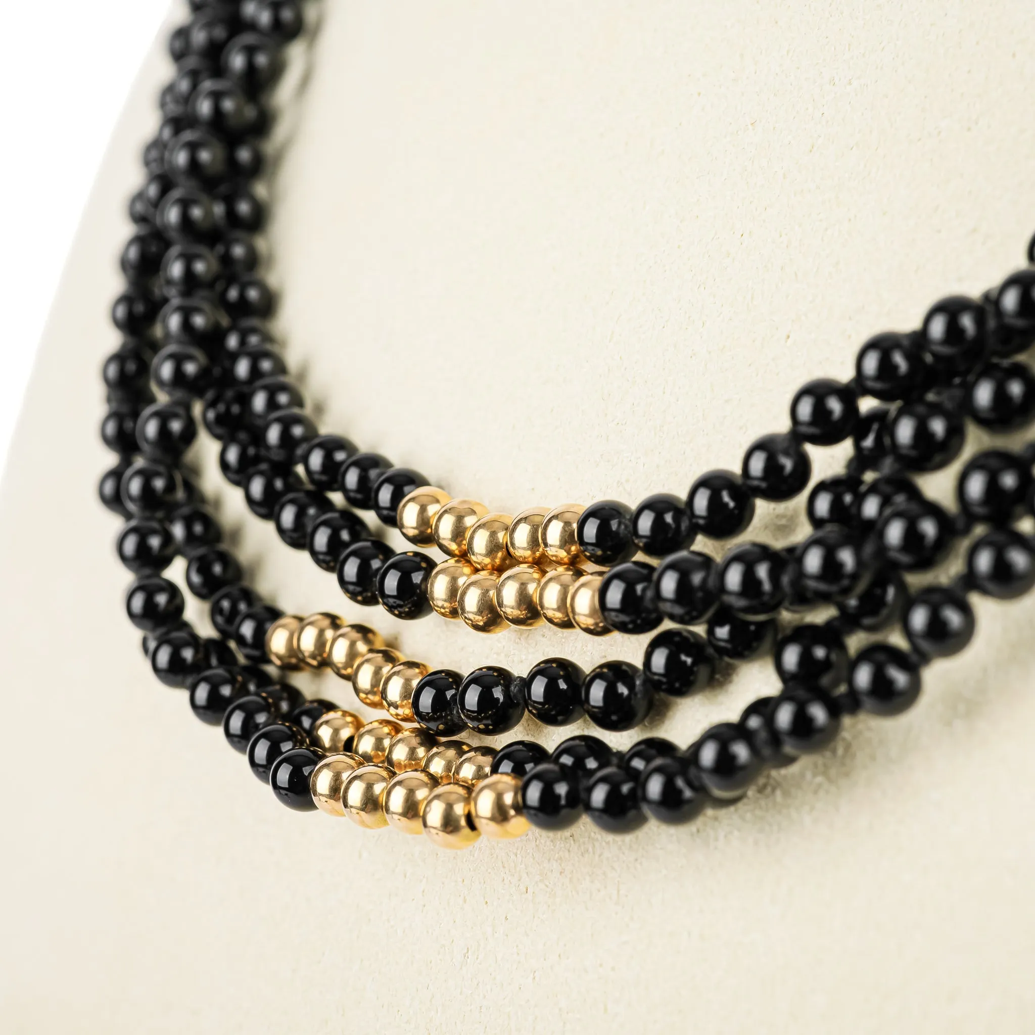 14K Yellow Gold Bead & Onyx 5 Strand Torsade Necklace