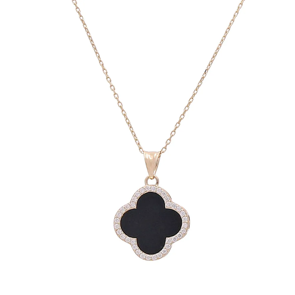 14K Yellow Gold Fashion Flower Pendant with Black Onyx and Cubic Zirconias Necklace
