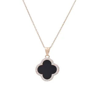14K Yellow Gold Fashion Flower Pendant with Black Onyx and Cubic Zirconias Necklace