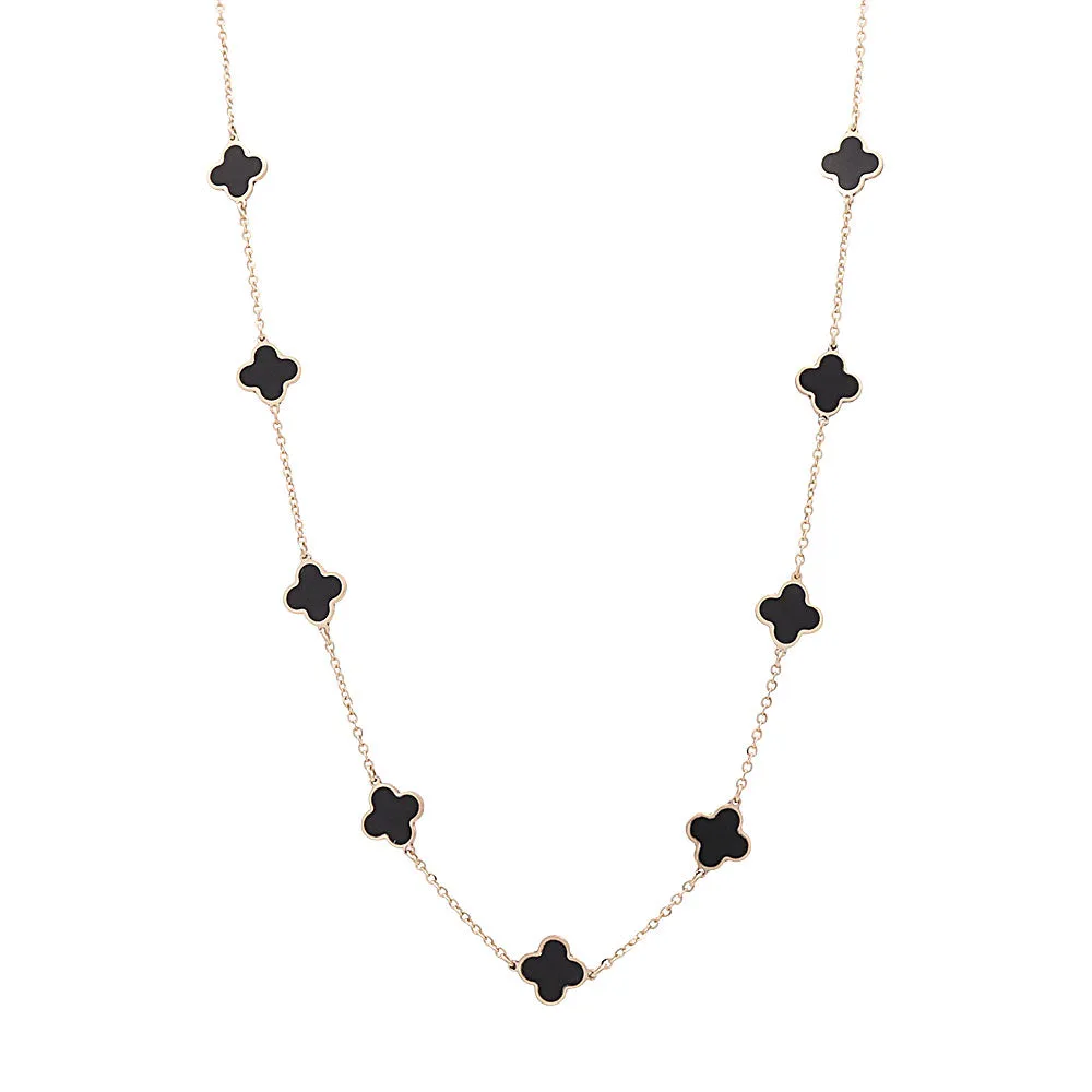 14K Yellow Gold Fashion Flower Pendant with Black Onyx Necklace