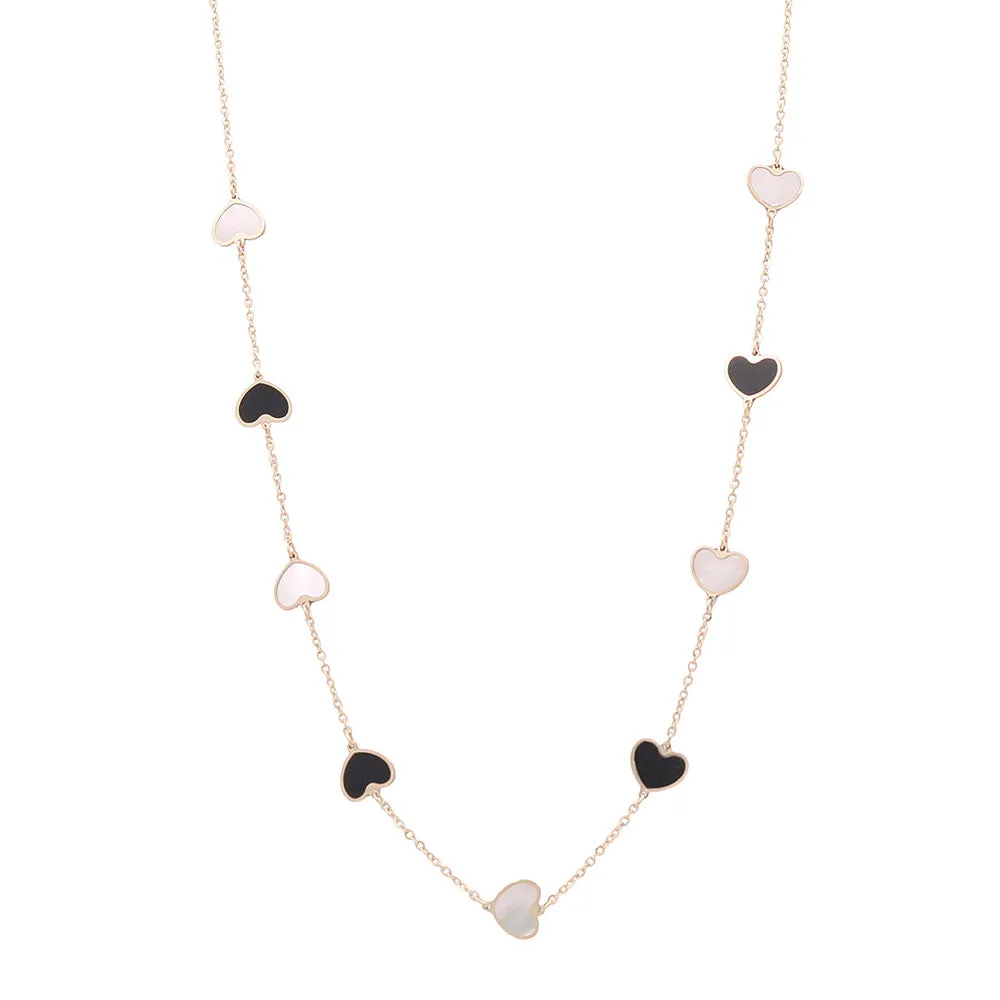 14K Yellow Gold Fashion Heart Pendant with Black Onyx and Mother of Pearl Necklace