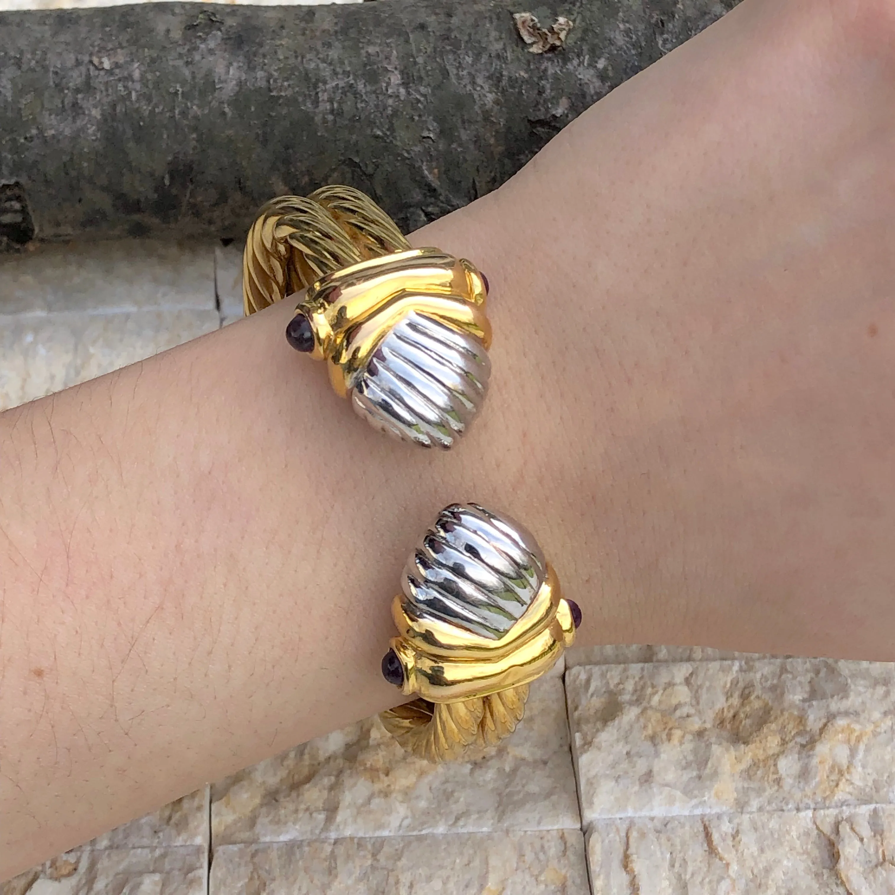14KT White Gold   Yellow Gold Polished Amethyst Bangle Estate Bracelet