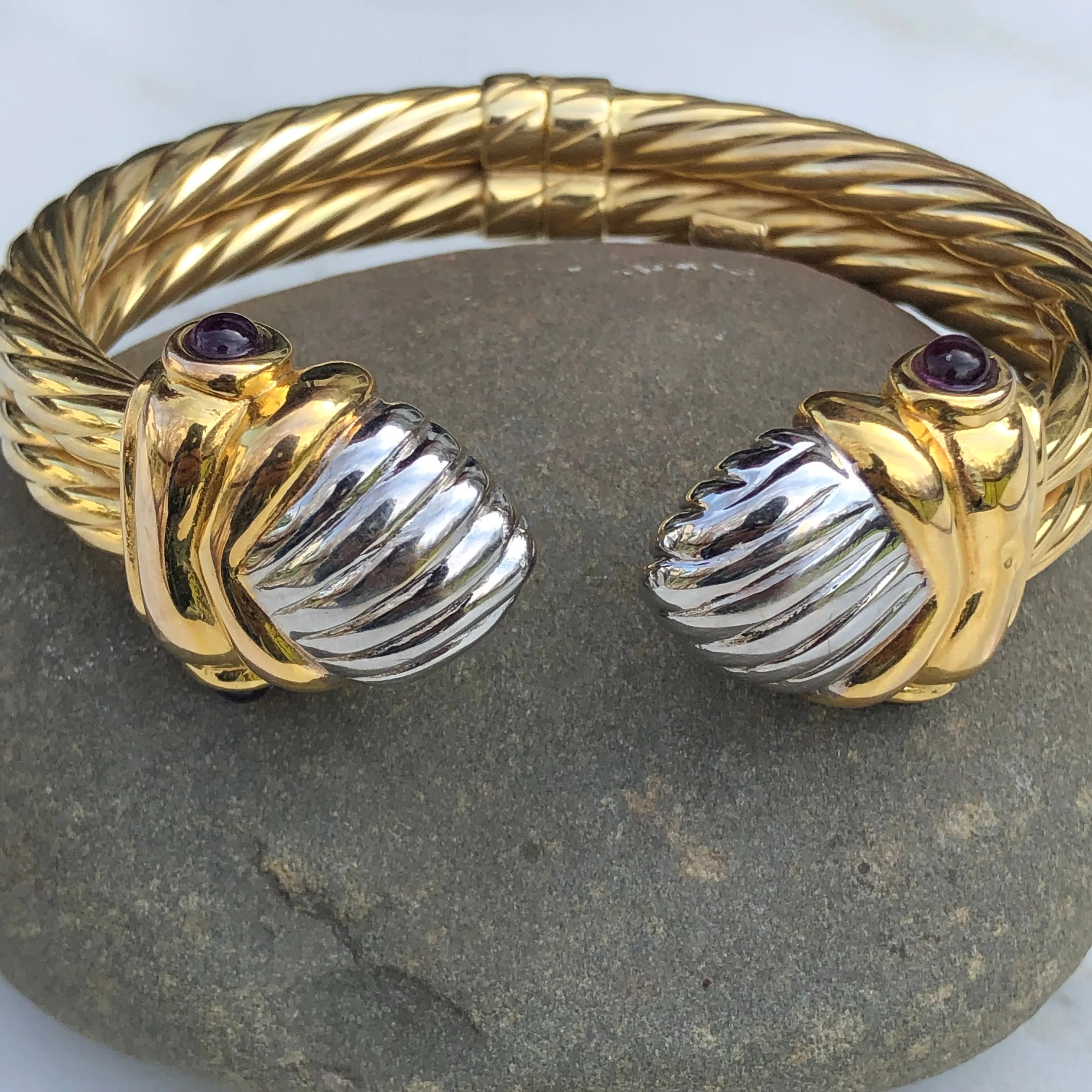 14KT White Gold   Yellow Gold Polished Amethyst Bangle Estate Bracelet