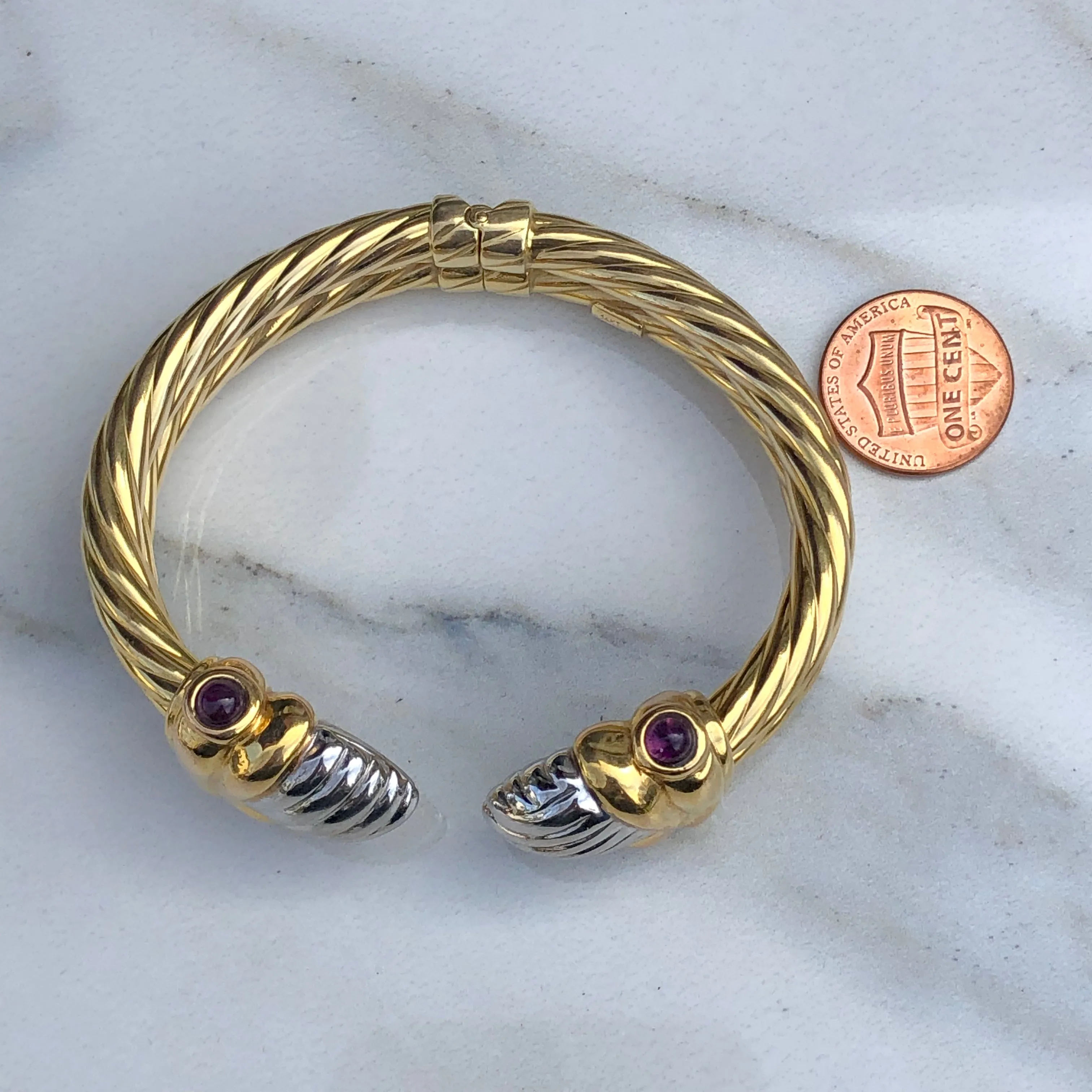 14KT White Gold   Yellow Gold Polished Amethyst Bangle Estate Bracelet
