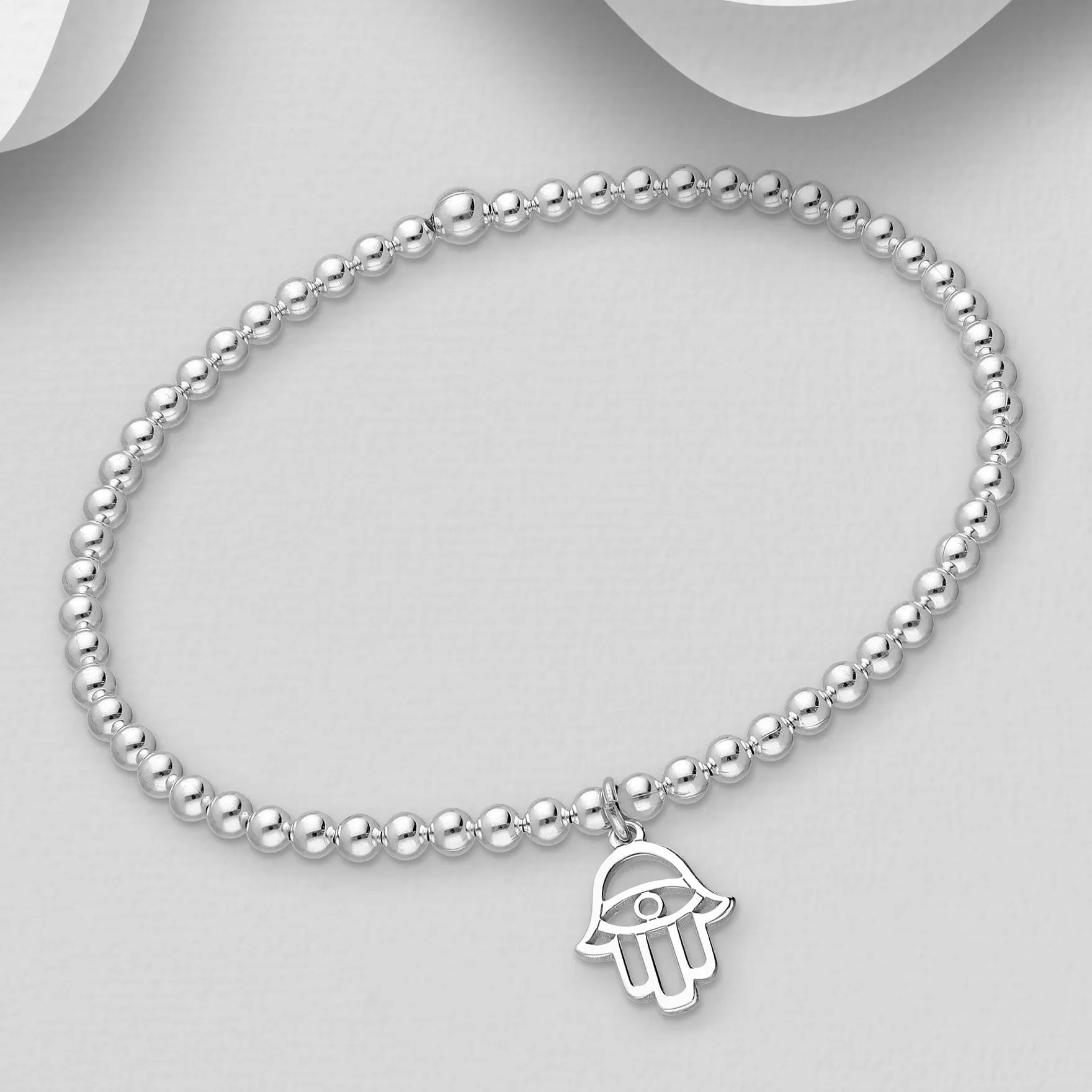 925 Silver Bead Bracelet | Hamsa Hand Charm