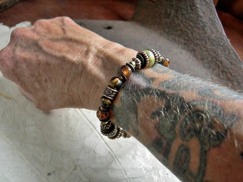 Adjustable Slider Bracelet, Warm Sun Colors, African Glass, Tiger Eye