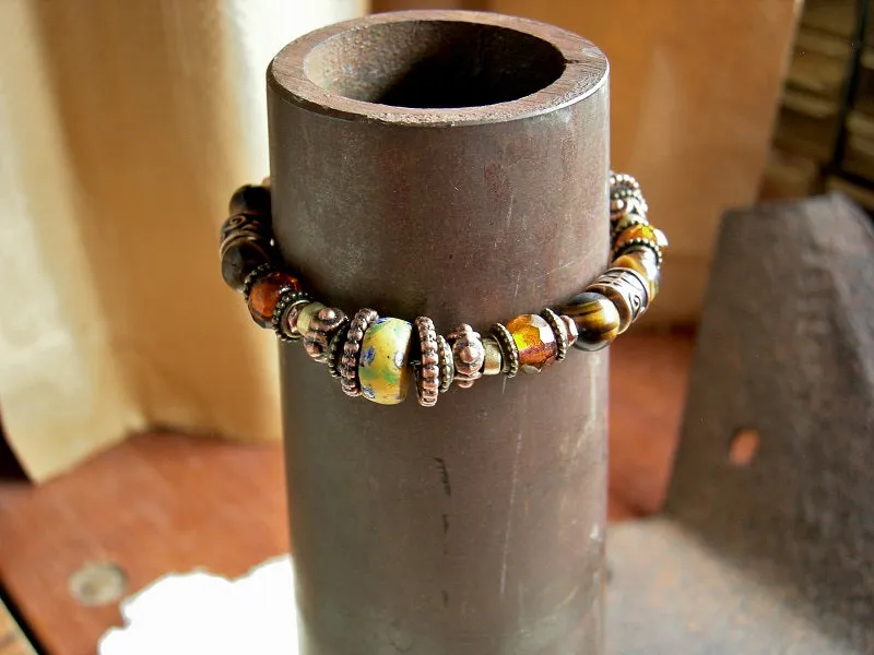 Adjustable Slider Bracelet, Warm Sun Colors, African Glass, Tiger Eye