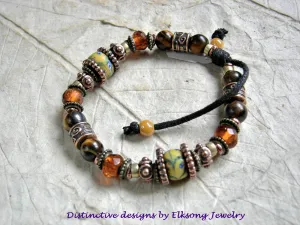 Adjustable Slider Bracelet, Warm Sun Colors, African Glass, Tiger Eye