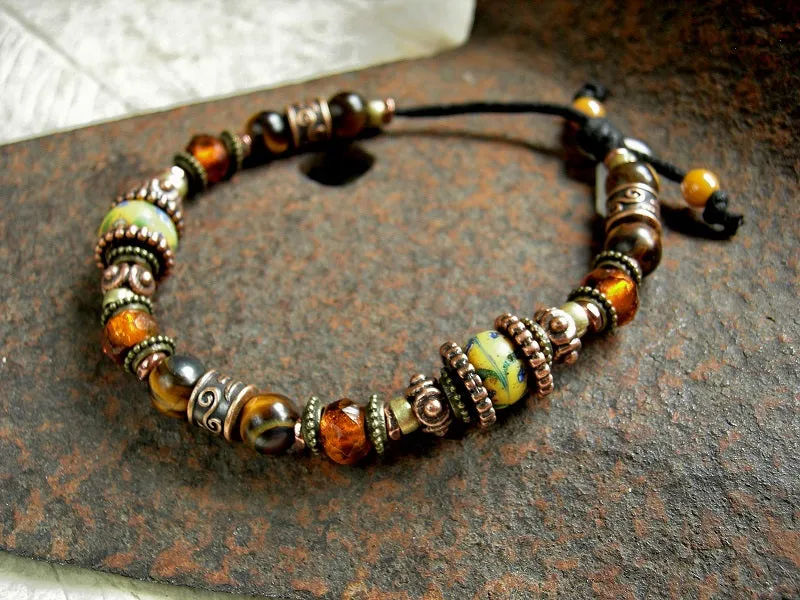 Adjustable Slider Bracelet, Warm Sun Colors, African Glass, Tiger Eye