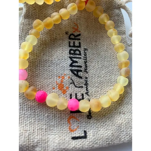 Adult Nurture Raw Honey Baltic Amber Bead Pink Agate Stretch Bracelet