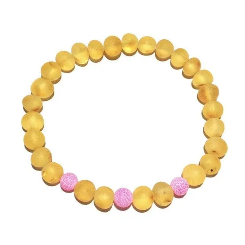Adult Nurture Raw Honey Baltic Amber Bead Pink Agate Stretch Bracelet