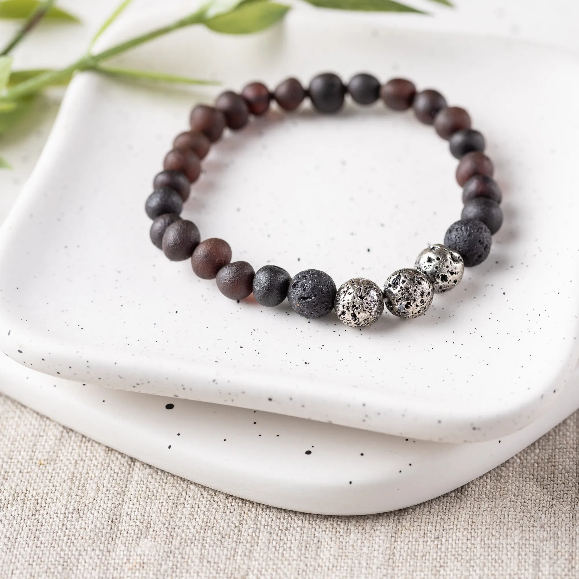 Adults | Titanium Plated Lava   Raw Cherry Aromatherapy Bracelet