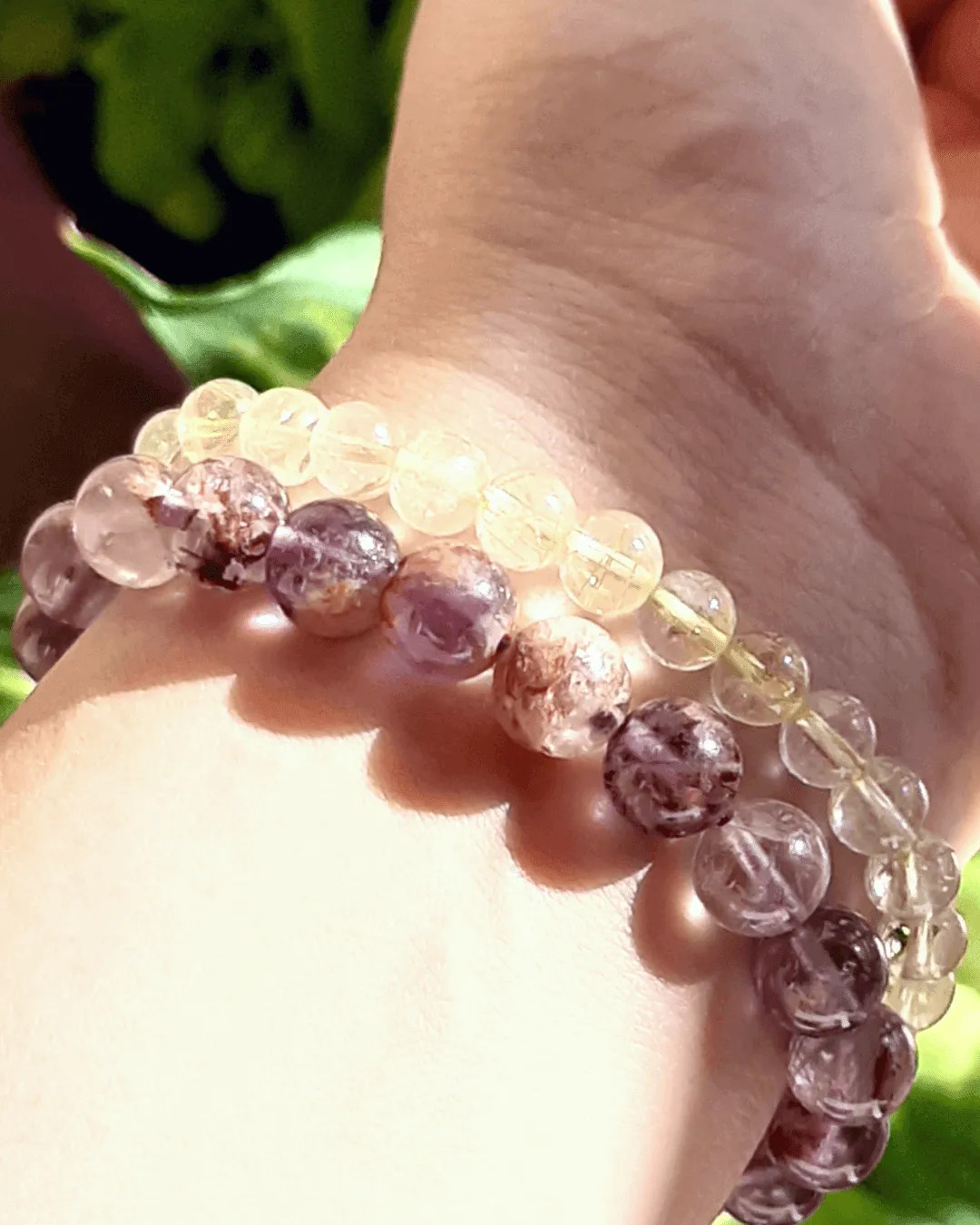 Amethyst & Minerals Inclusions 8mm 10mm Melody Super 7 Quartz Gemstone Beaded Stretch Bracelet