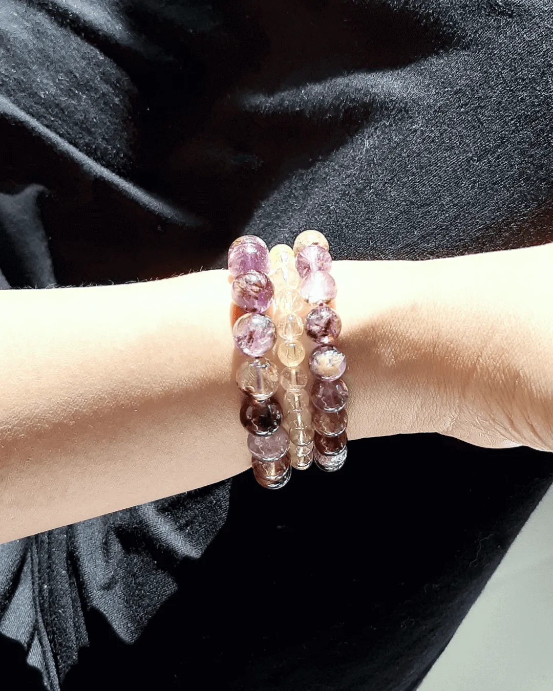 Amethyst & Minerals Inclusions 8mm 10mm Melody Super 7 Quartz Gemstone Beaded Stretch Bracelet