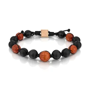Carved Amber and Black Agate Bead Bracelet