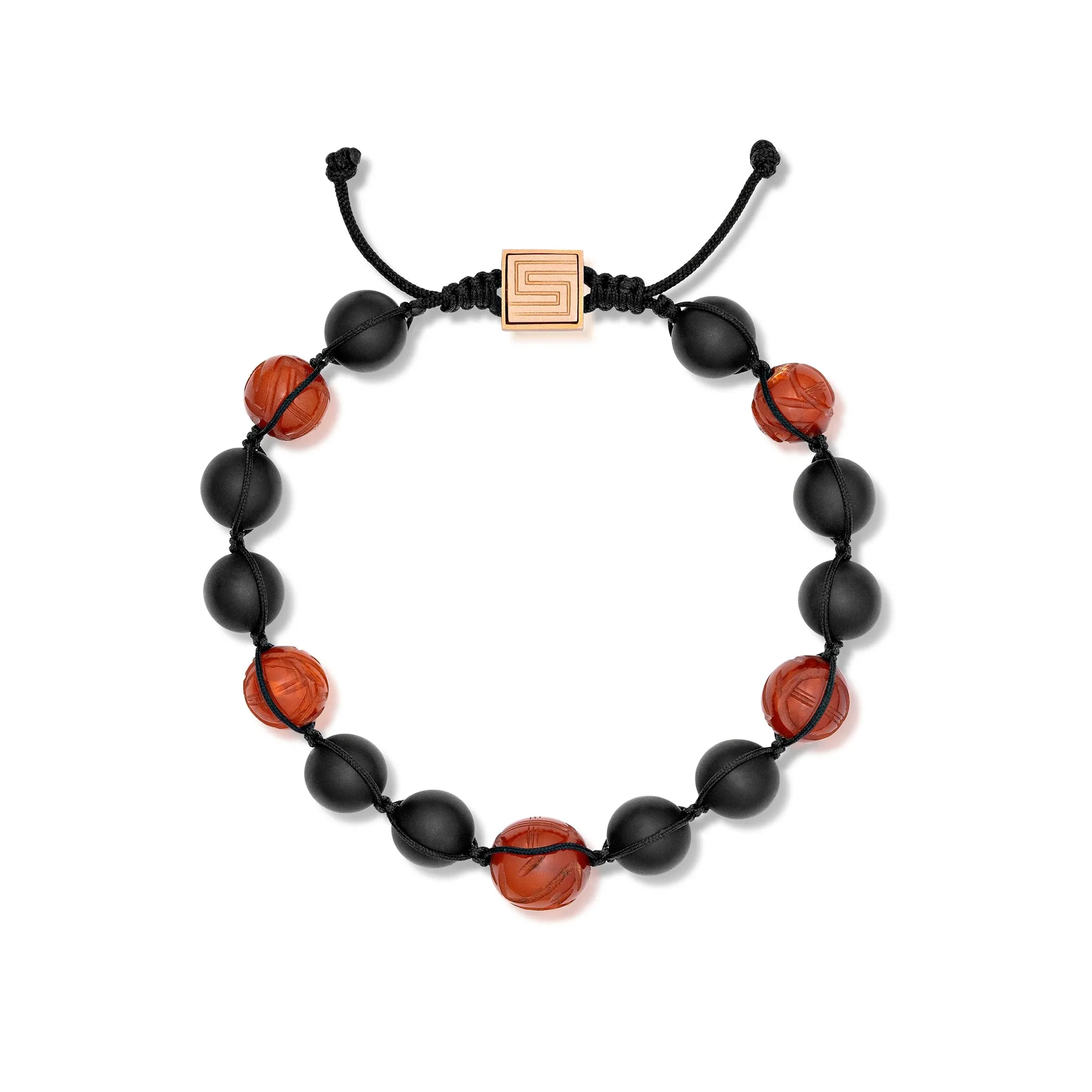 Carved Amber and Black Agate Bead Bracelet