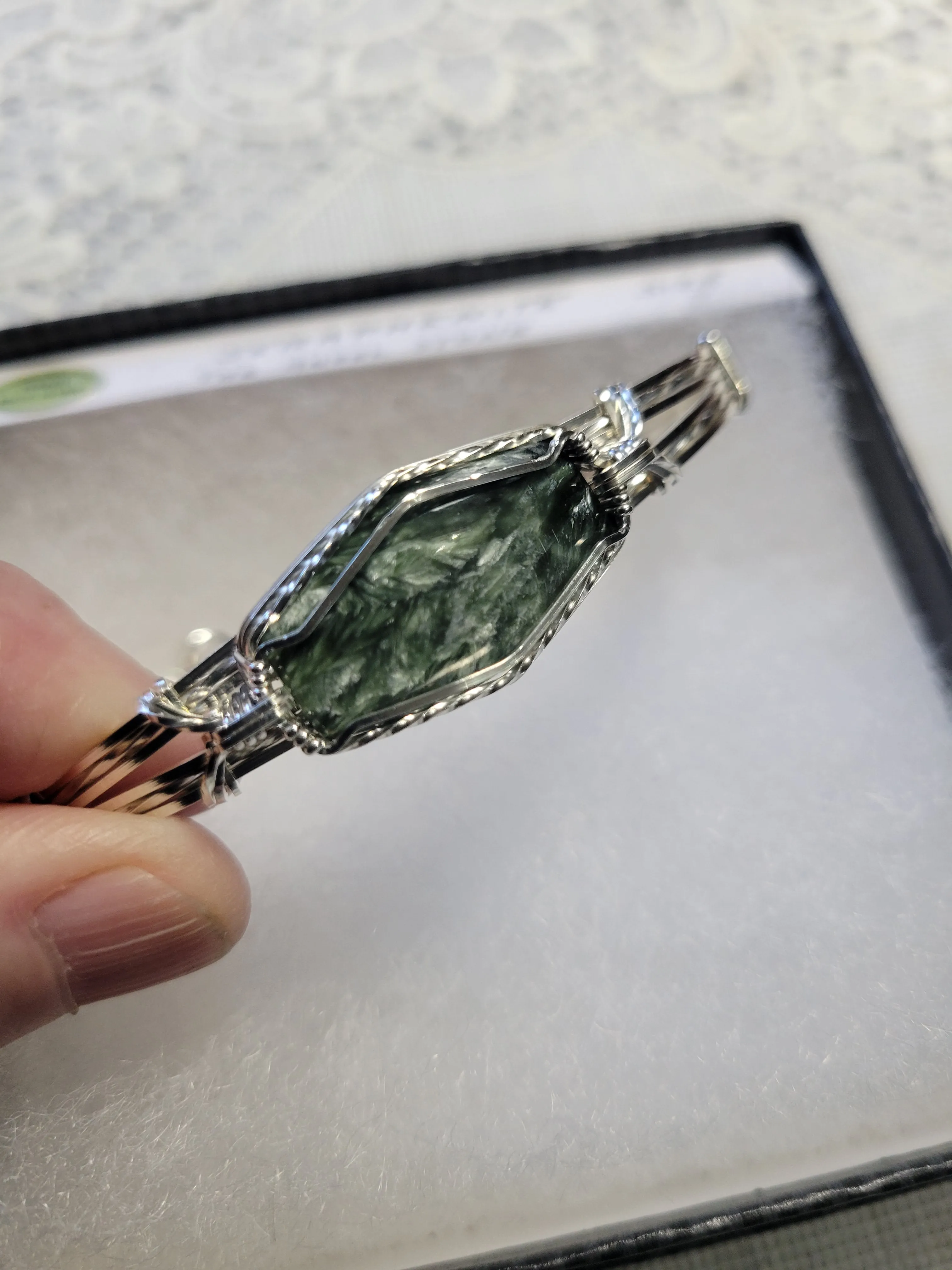 Custom Cut Polished & Wire Wrapped Seraphenite Bracelet Angle Stone Sterling Silver Size 7