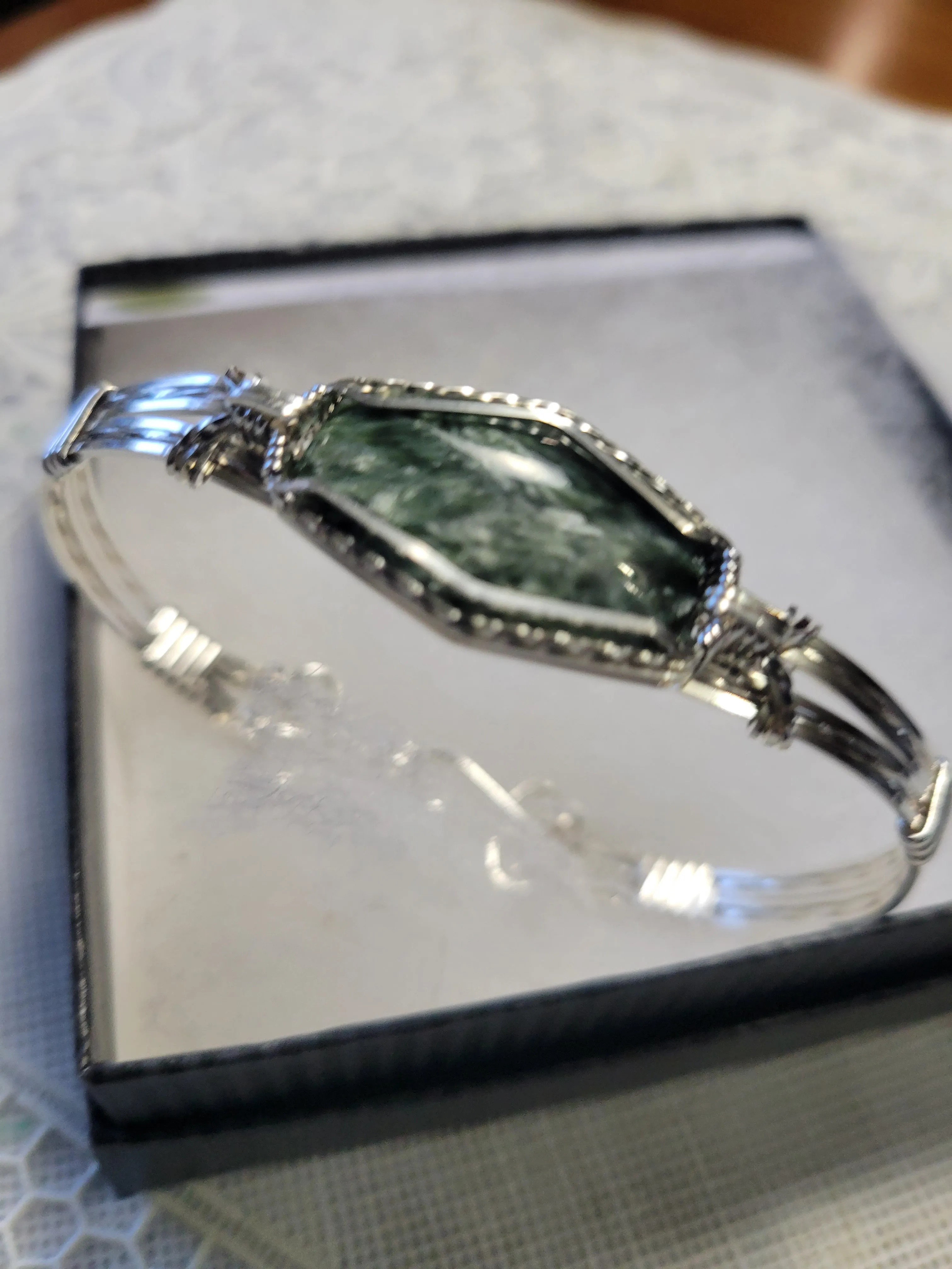 Custom Cut Polished & Wire Wrapped Seraphenite Bracelet Angle Stone Sterling Silver Size 7