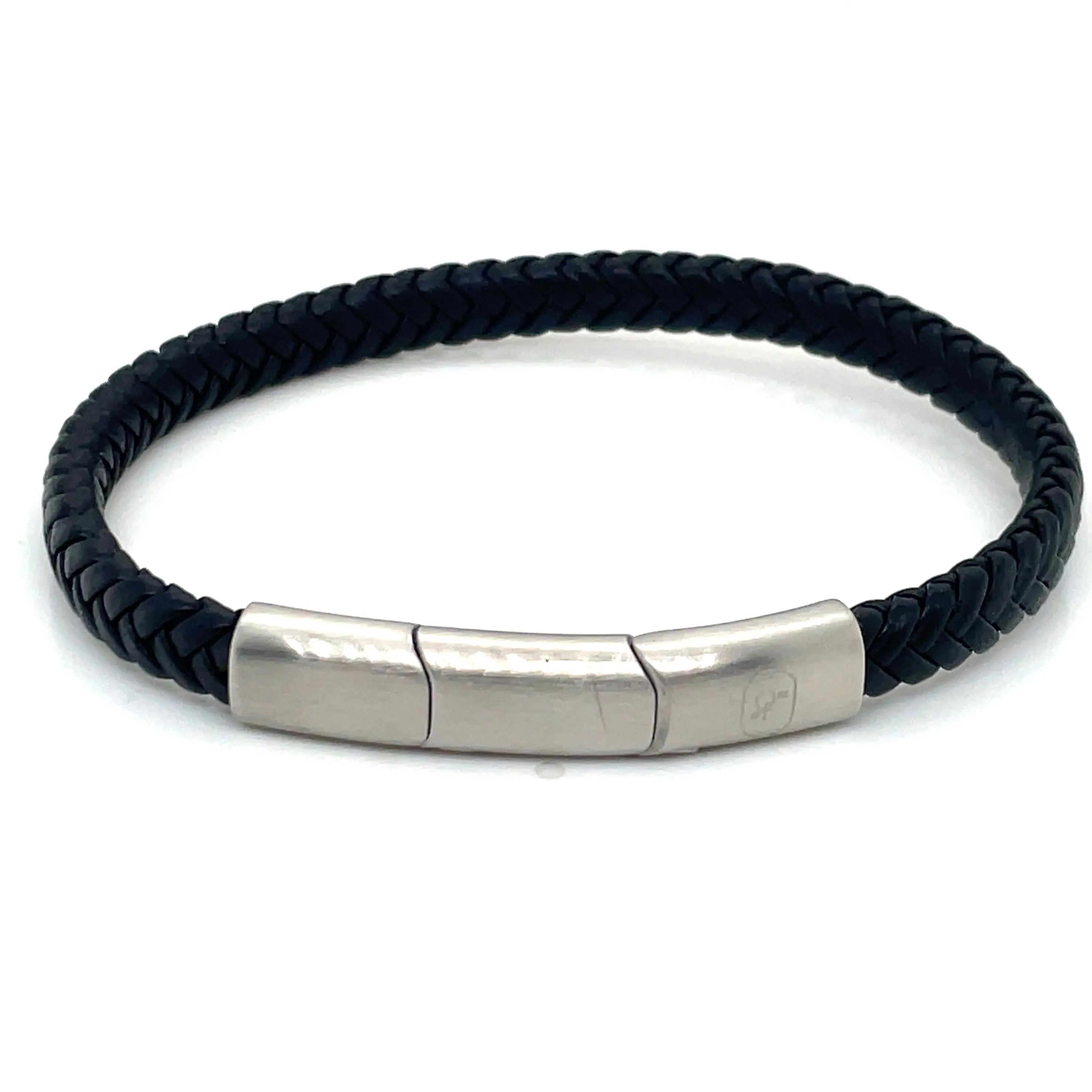 Gents Black Leather And Stainless Steel Bracelet