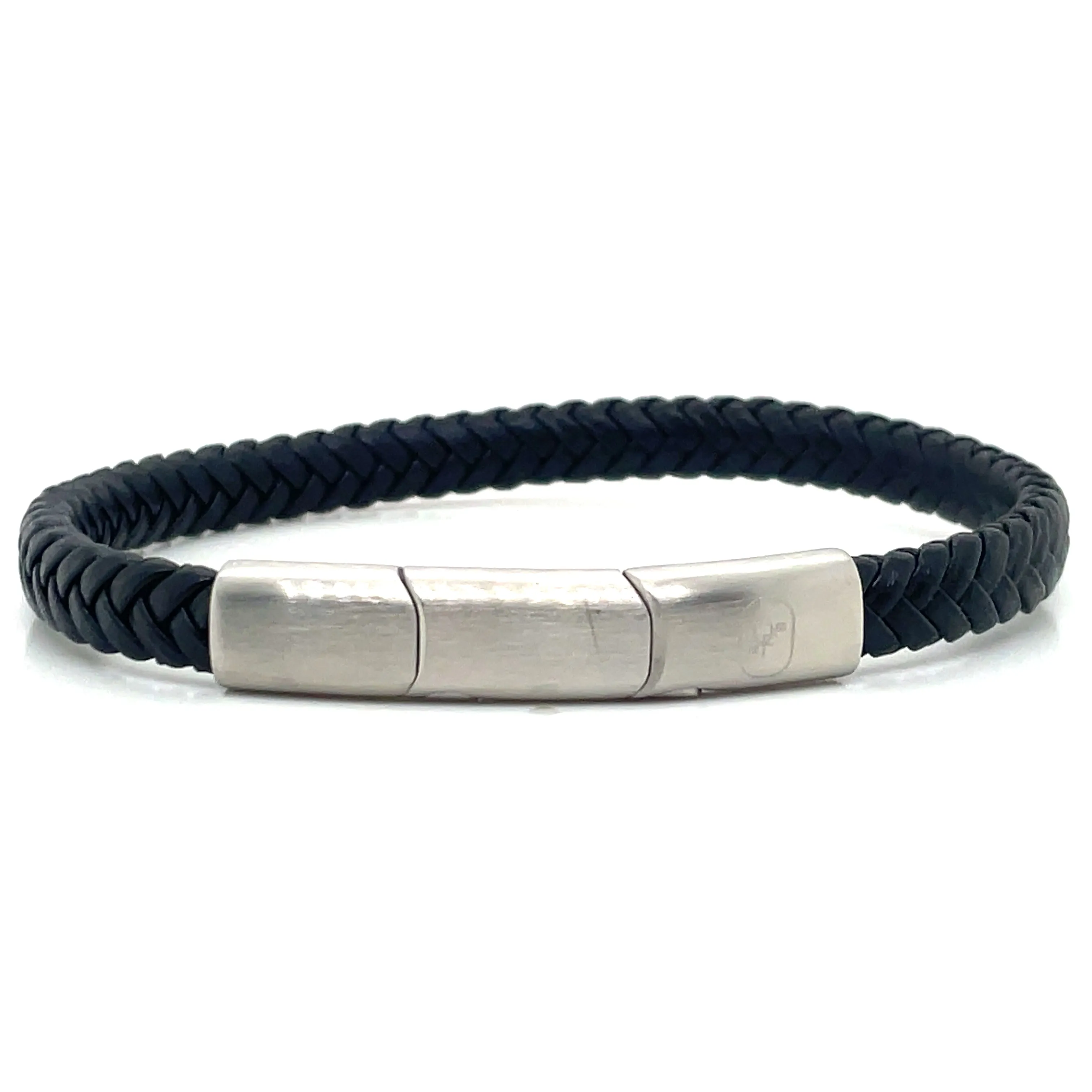 Gents Black Leather And Stainless Steel Bracelet