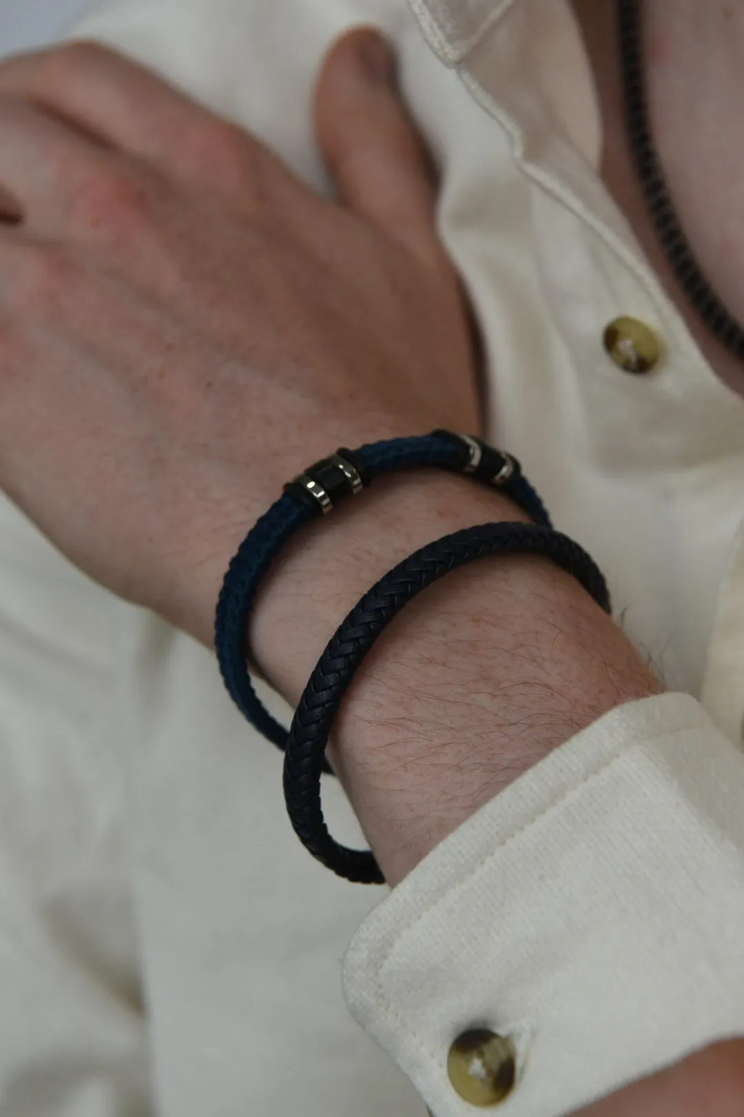 Gents Black Leather And Stainless Steel Bracelet