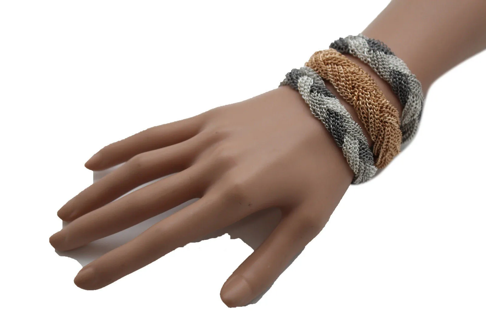 Gold Silver Braided Metal Chain Bracelet 3 Tone Rows Womwn Accessories