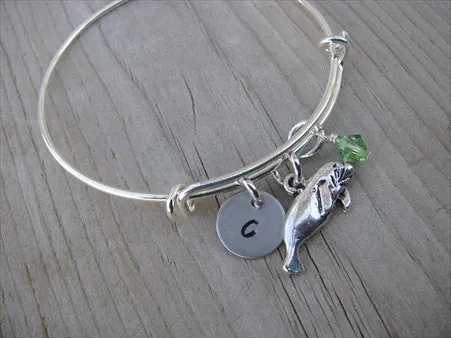 Manatee Charm Bracelet- Adjustable Bangle Bracelet with an Initial Charm and an Accent Bead of your choice