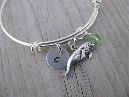 Manatee Charm Bracelet- Adjustable Bangle Bracelet with an Initial Charm and an Accent Bead of your choice