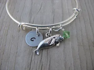 Manatee Charm Bracelet- Adjustable Bangle Bracelet with an Initial Charm and an Accent Bead of your choice