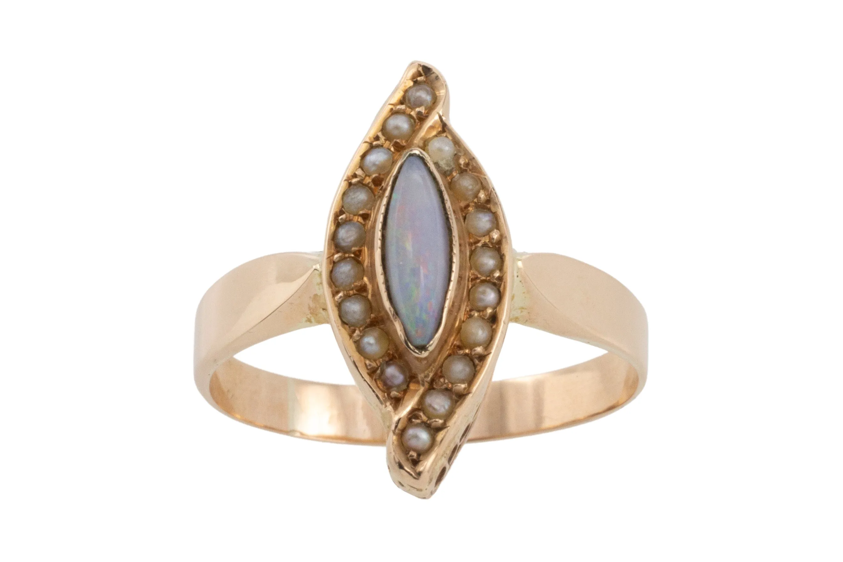 Marquise opal and seed pearl ring in 14 carat gold