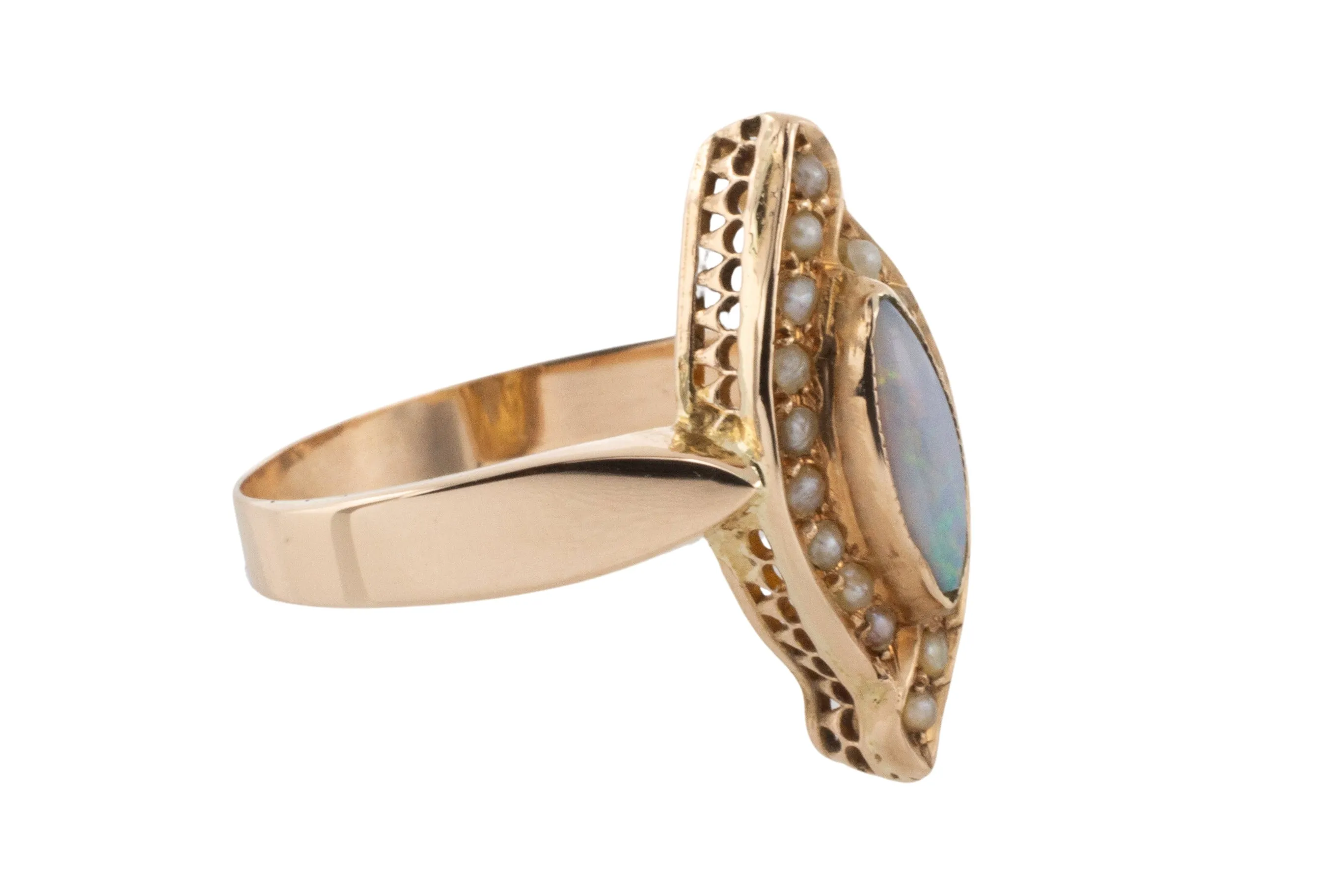 Marquise opal and seed pearl ring in 14 carat gold
