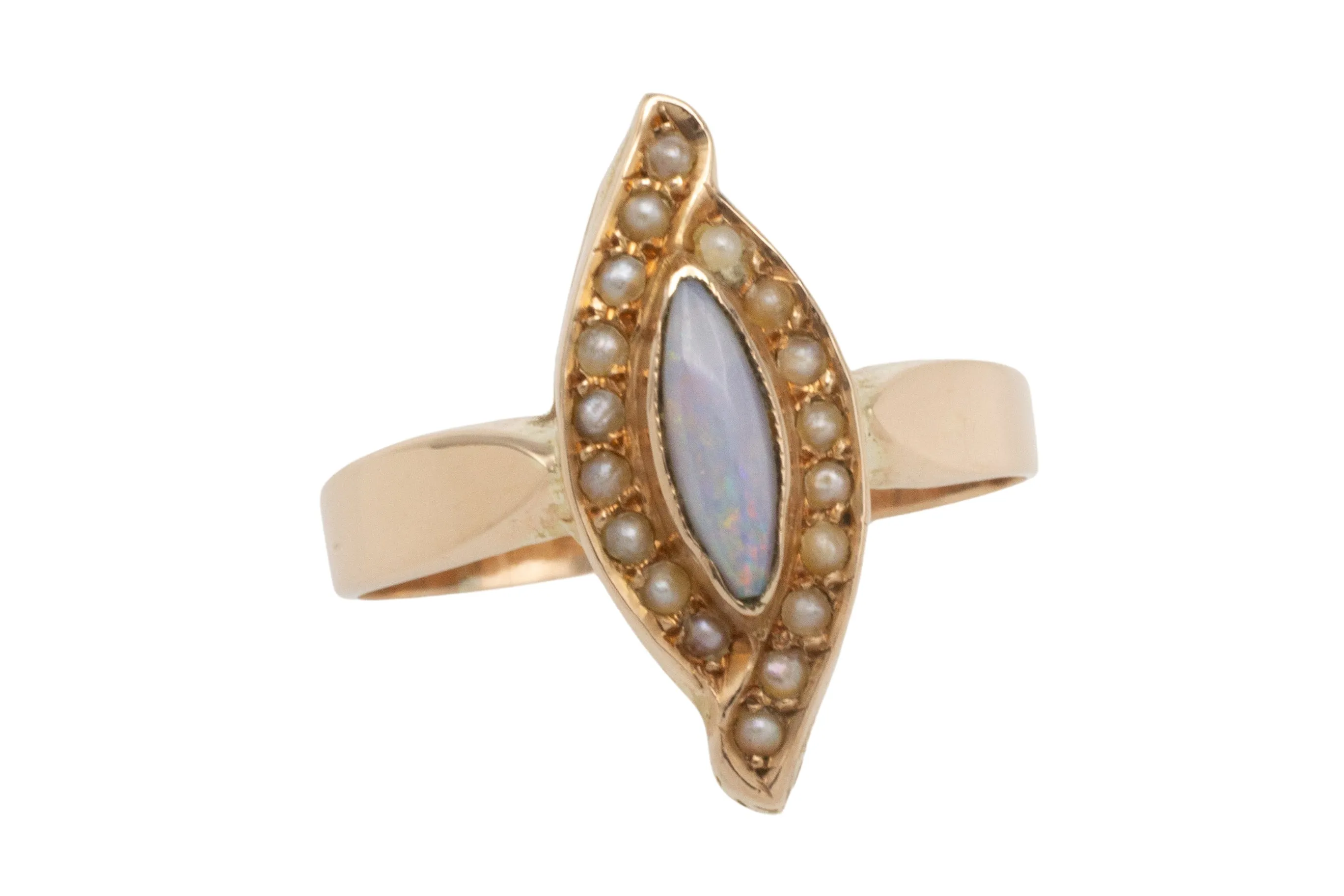 Marquise opal and seed pearl ring in 14 carat gold