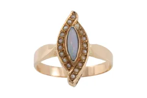 Marquise opal and seed pearl ring in 14 carat gold