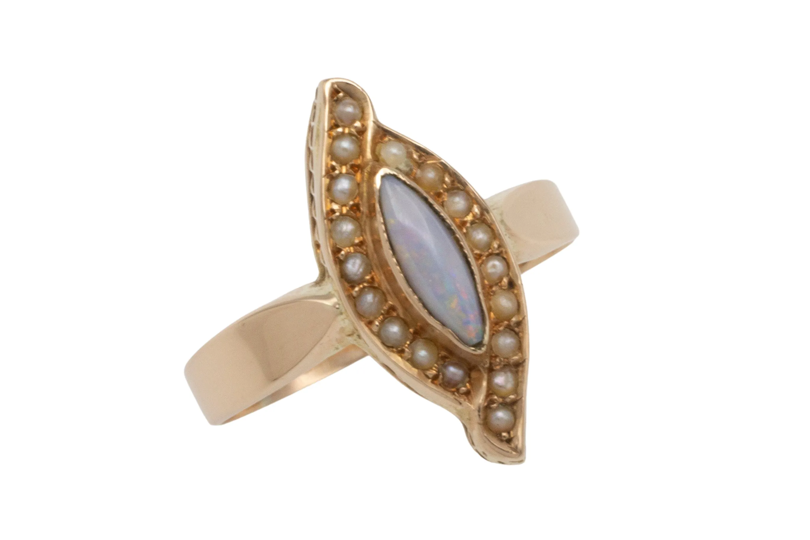 Marquise opal and seed pearl ring in 14 carat gold