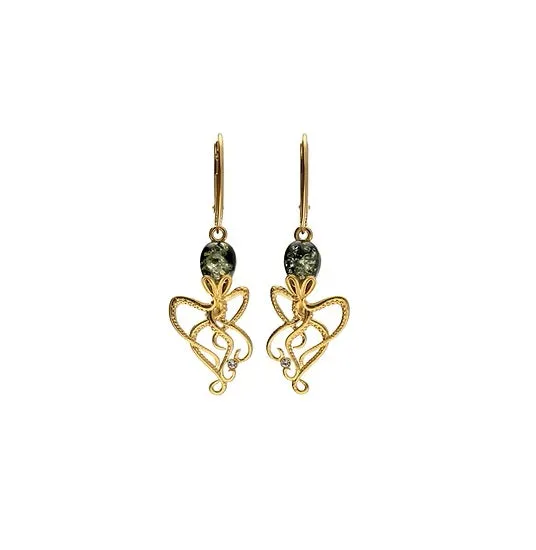 MILENA Drop Earrings Gold Plated and Green Amber Octopus