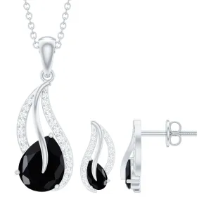 Minimal Teardrop Silver jewelry Set with 3 CT Pear Cut Black Onyx and moissanite stones