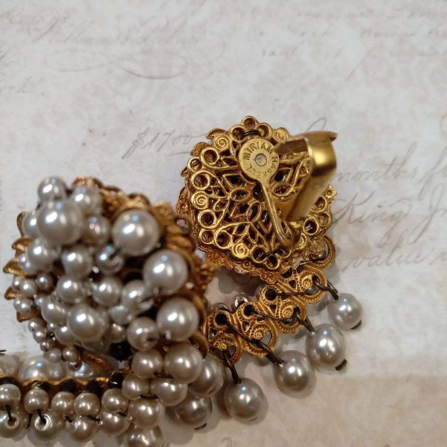 Miriam haskell vintage cluster pearl clip on earrings