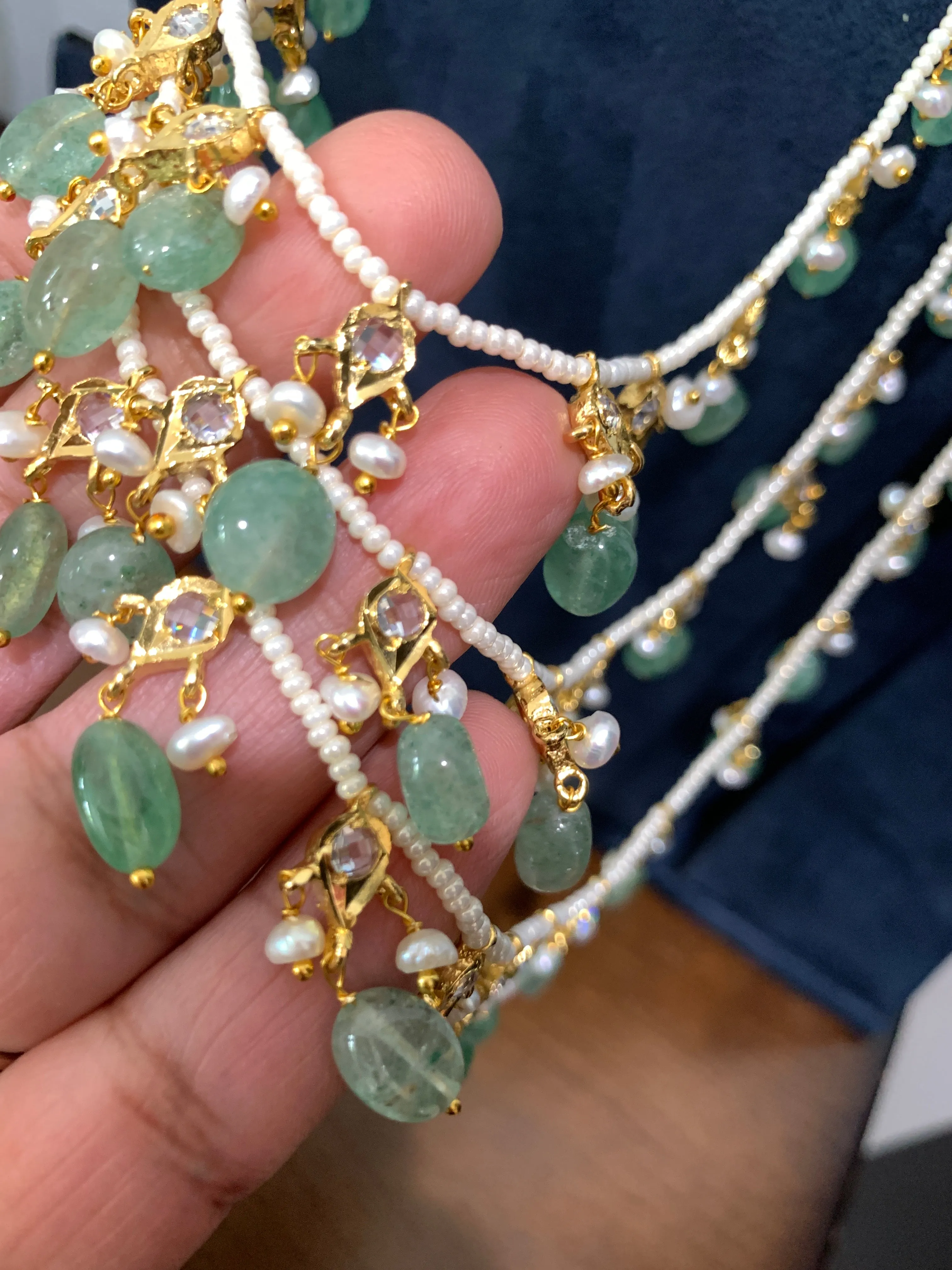 Multi Layer Three line Green Stone Real Emerald Beads Necklace
