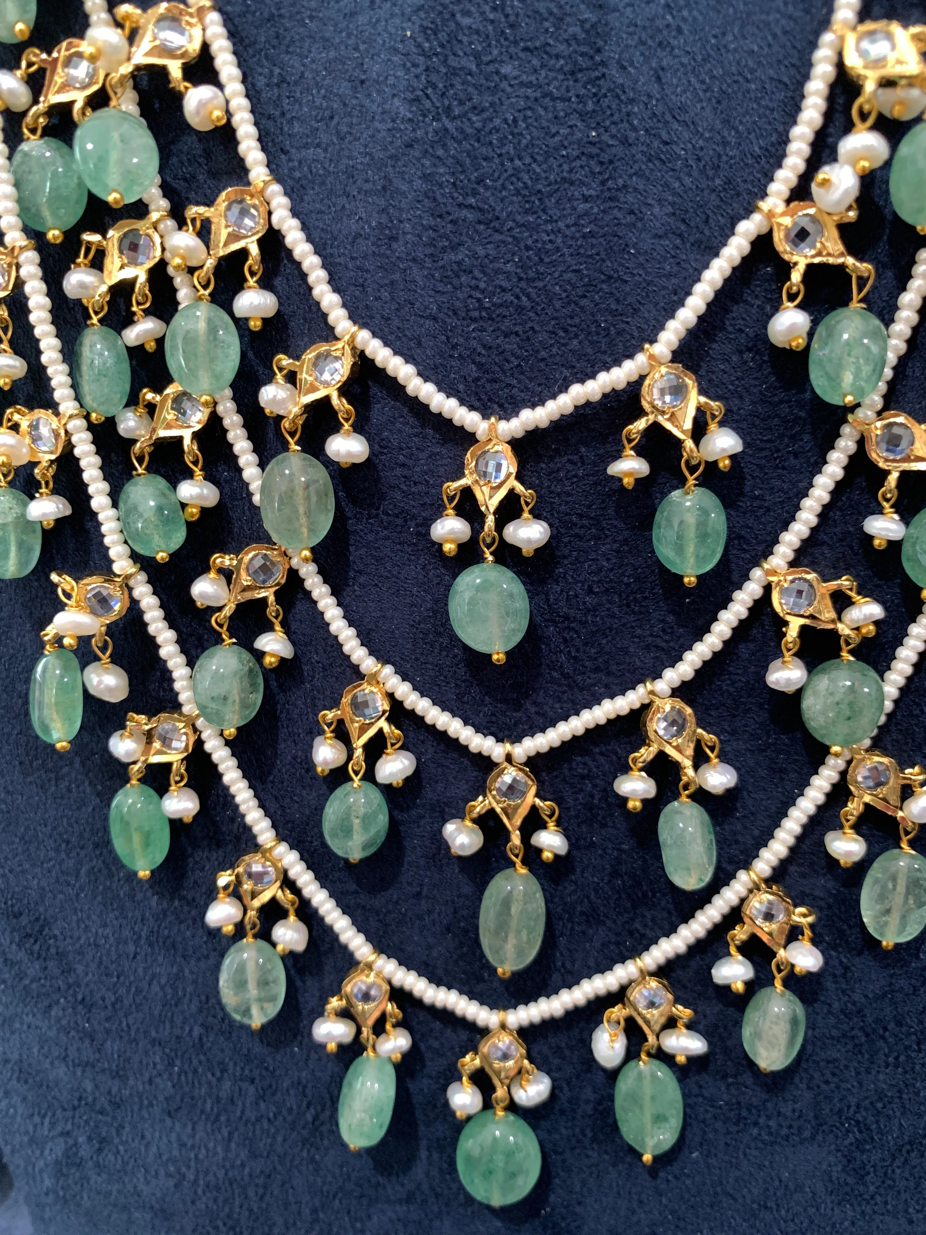 Multi Layer Three line Green Stone Real Emerald Beads Necklace