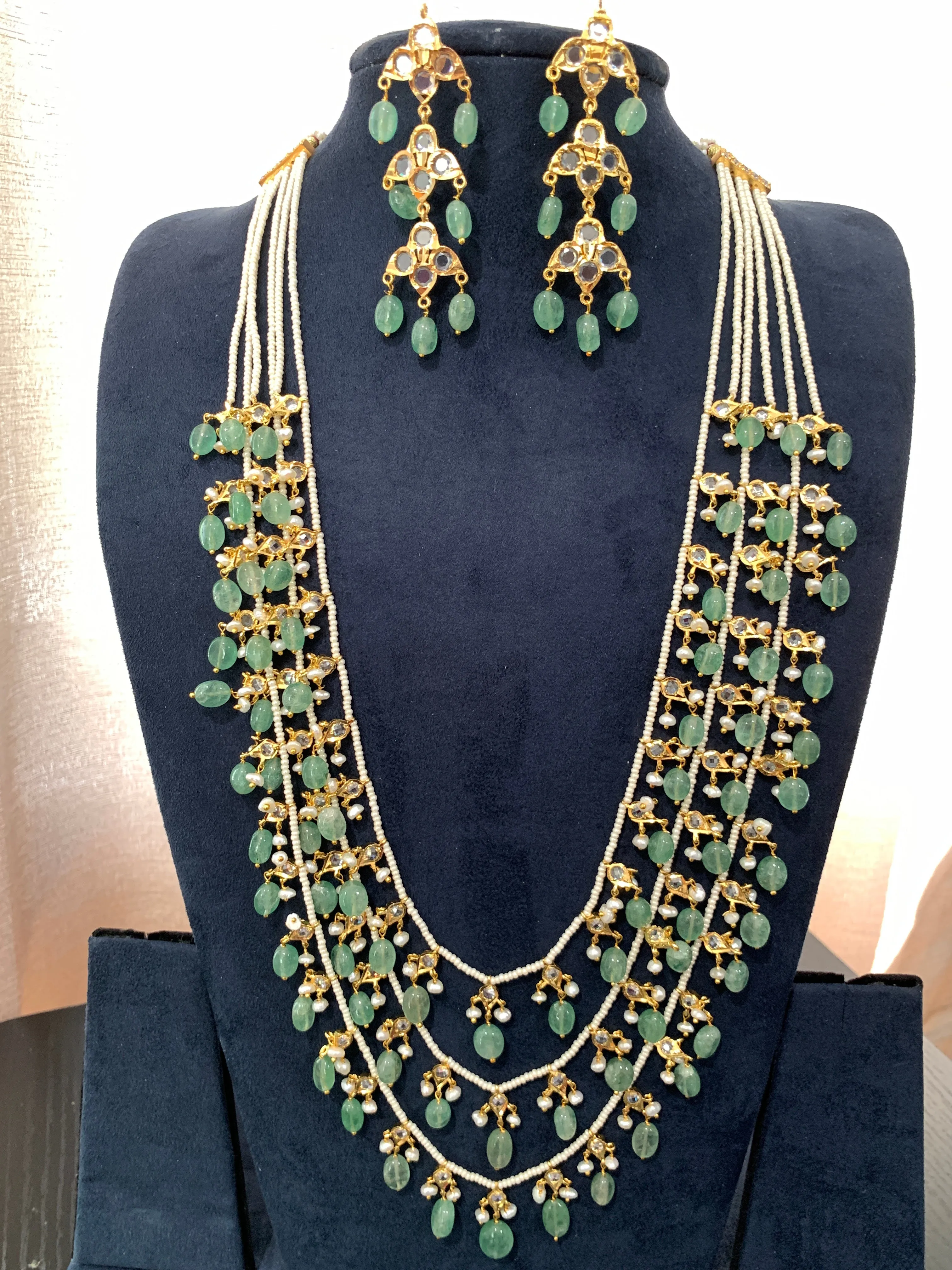Multi Layer Three line Green Stone Real Emerald Beads Necklace