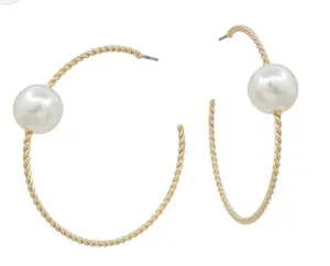 Pearl Accent Gold Textured Hoop Earring