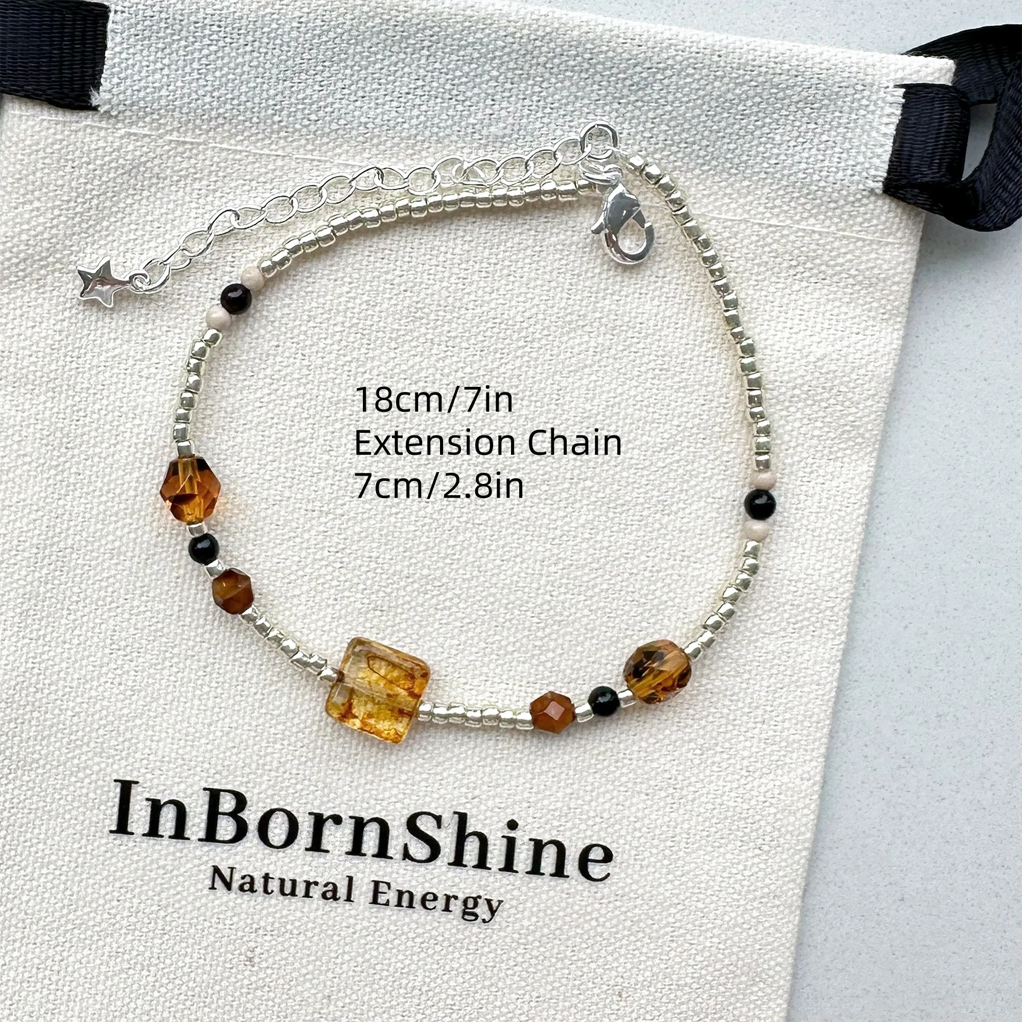 Silver Rice Beads with Amber Czech Beads Bracelet