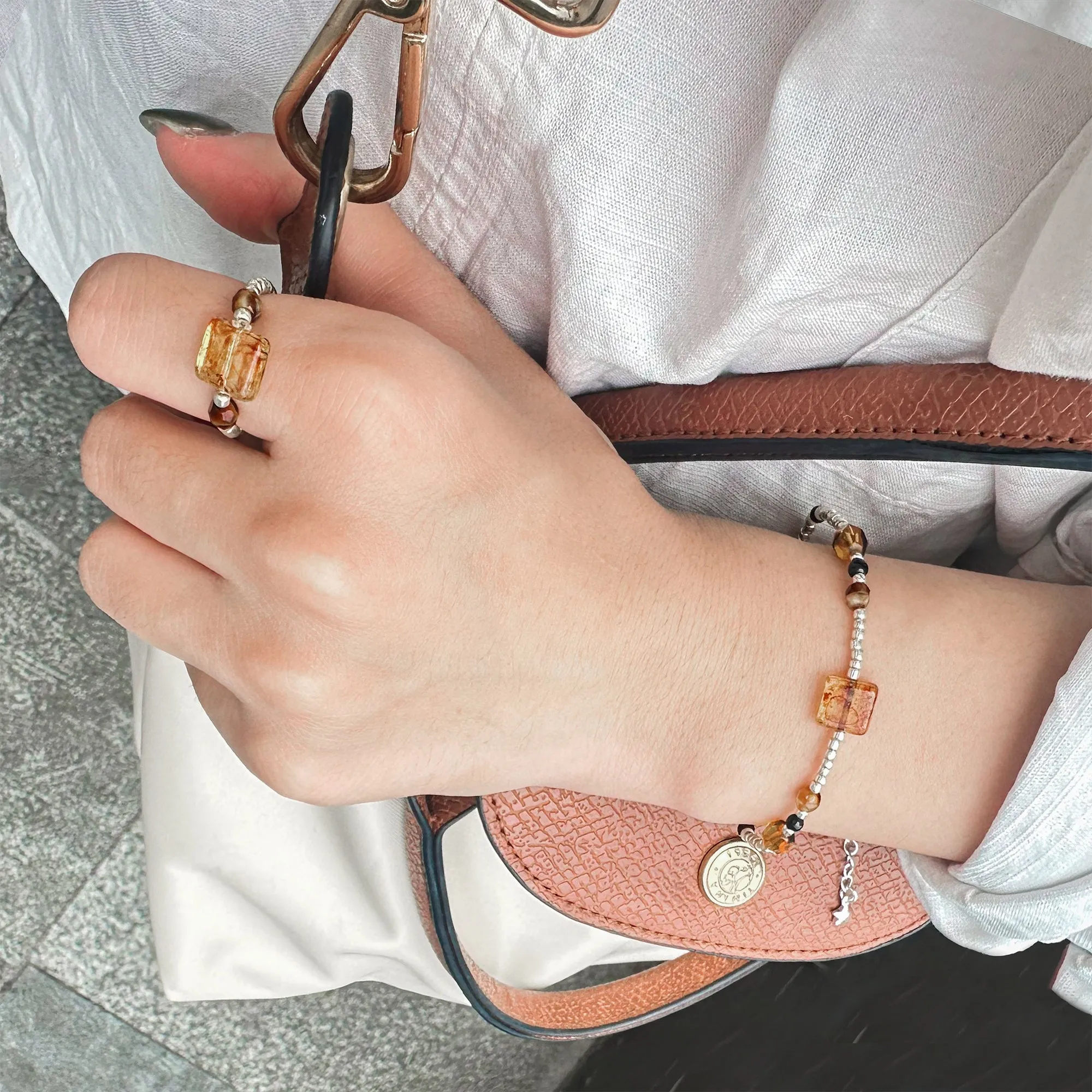 Silver Rice Beads with Amber Czech Beads Bracelet