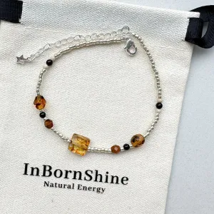 Silver Rice Beads with Amber Czech Beads Bracelet
