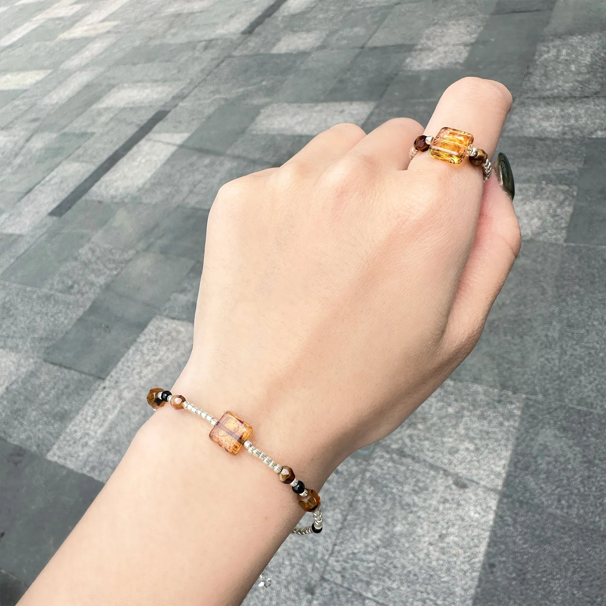 Silver Rice Beads with Amber Czech Beads Bracelet