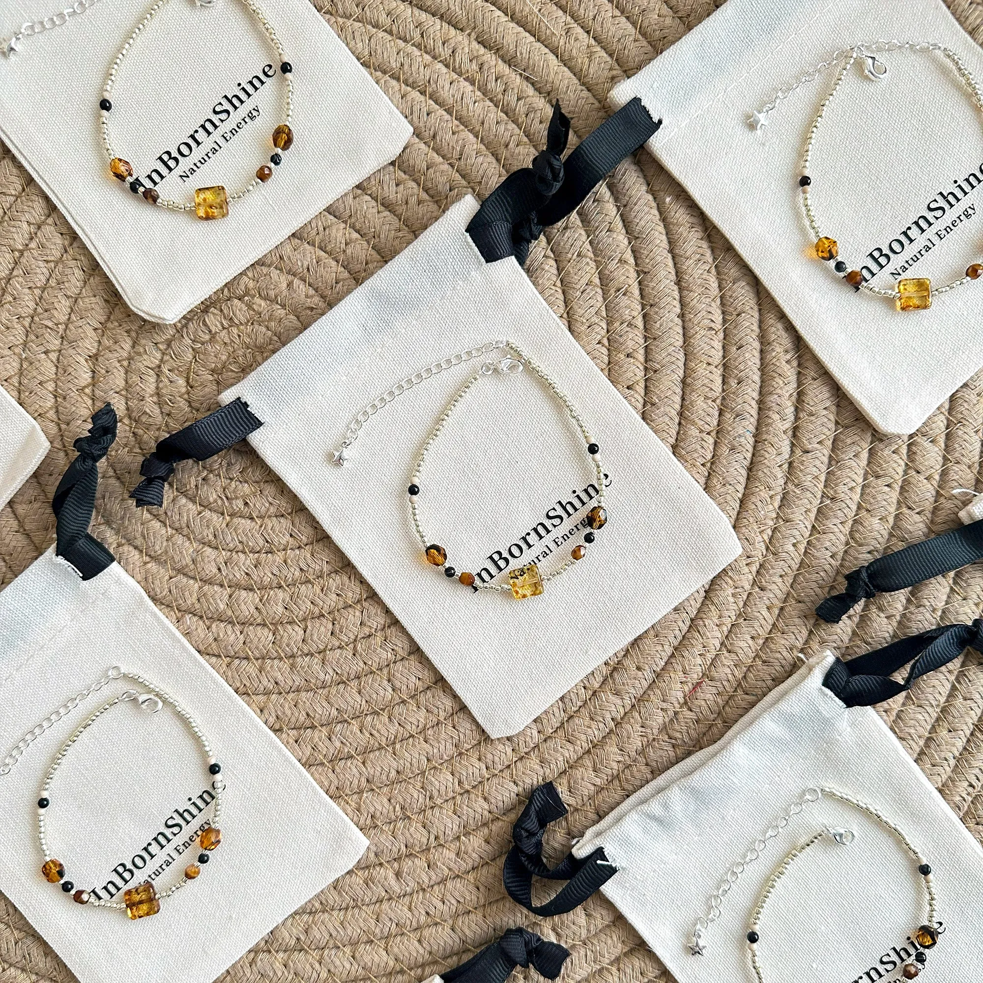 Silver Rice Beads with Amber Czech Beads Bracelet
