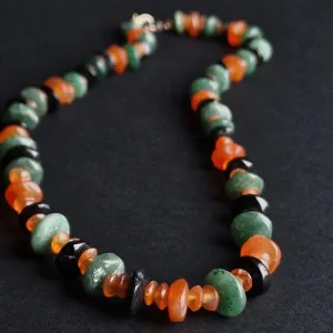 Stunning Carnelian Black Onyx Aventurine Beaded Silver Necklace