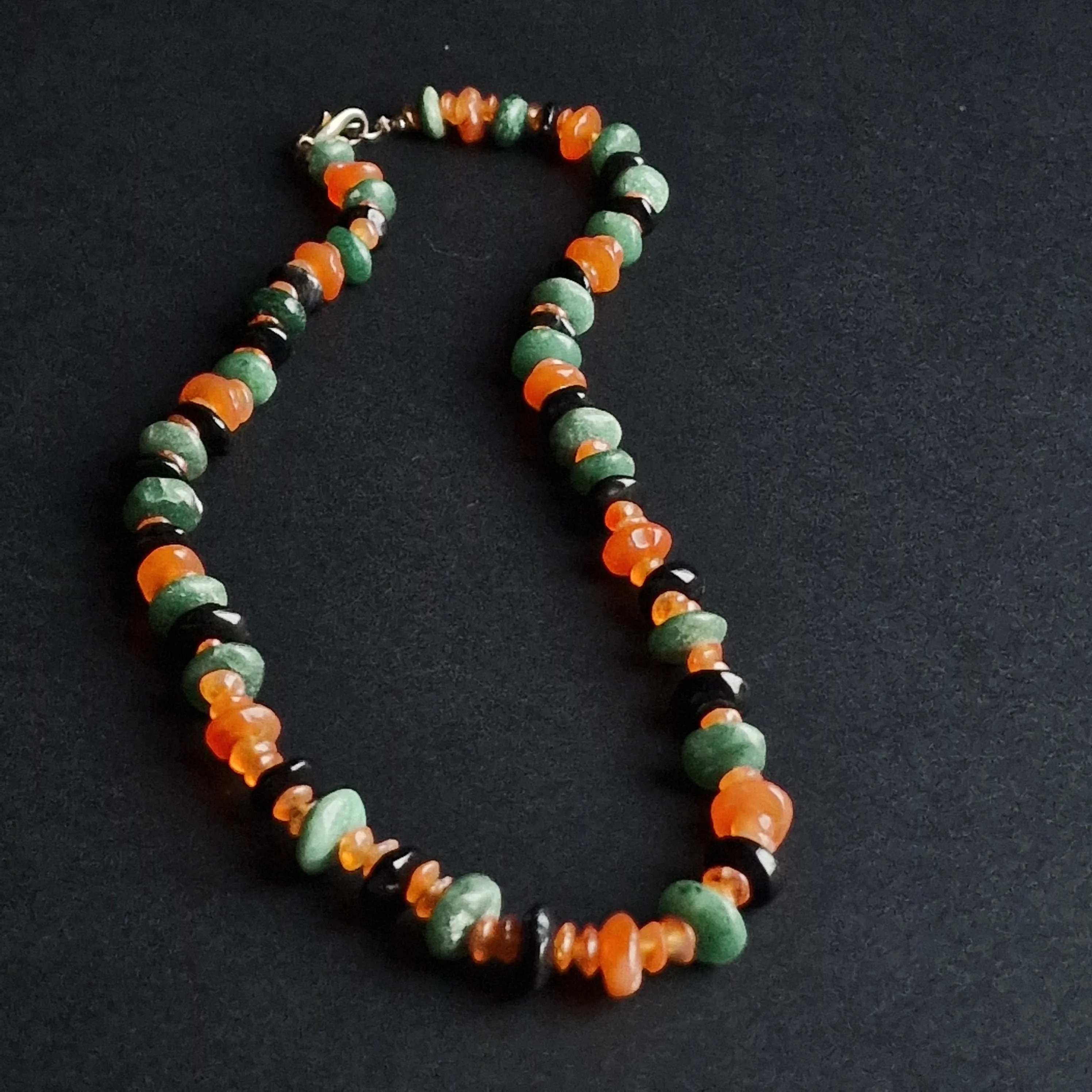 Stunning Carnelian Black Onyx Aventurine Beaded Silver Necklace